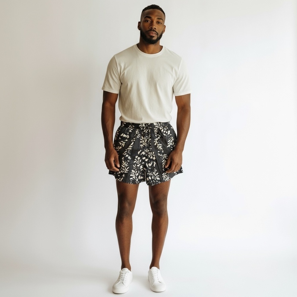 Floral Black and White Swim Trunks